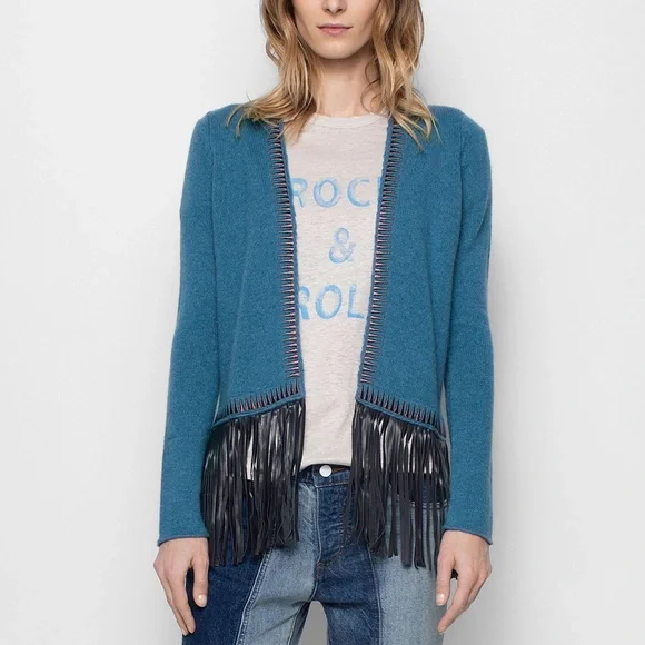 Zadig & Voltaire Marla Cashmere/ Leather Fringe Cardigan Boho Rock - Picture 4 of 15